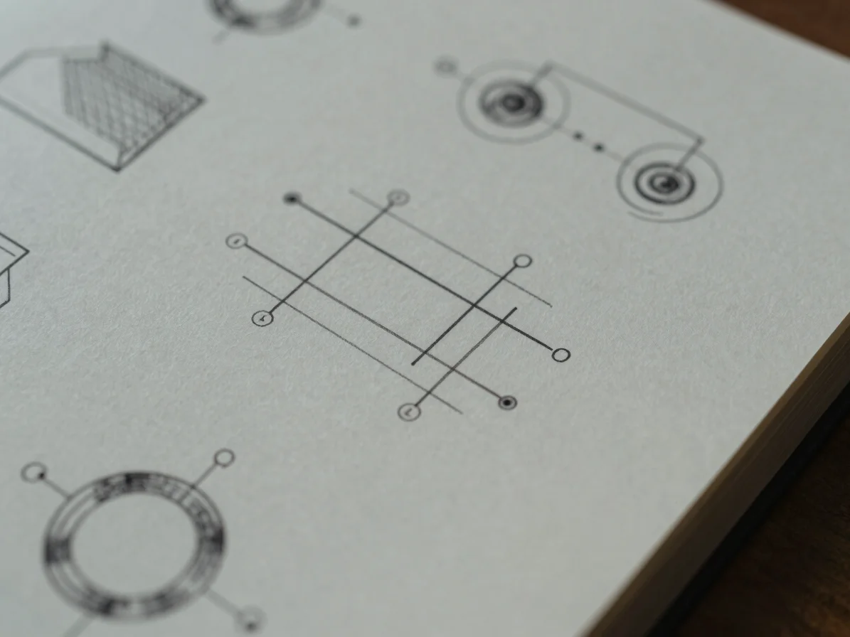 Close-up of a paper notebook with abstract technical sketches of data structures, soft diffused light, muted tones, over