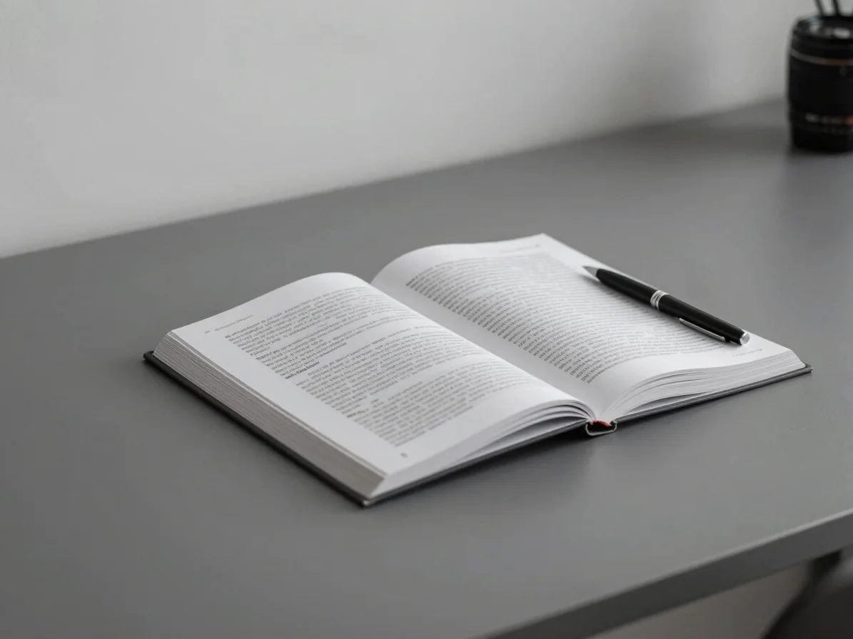 Minimalist desk workspace with a single open technical book and a pen, subtle architectural lines, soft diffused light,
