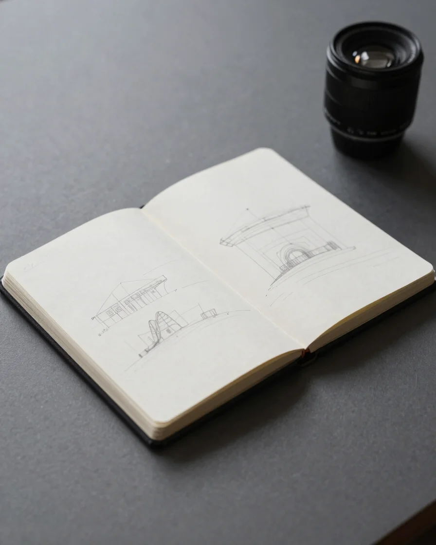 Overhead flat-lay of a minimalist desk workspace, showing a paper notebook with subtle technical sketches and architectu